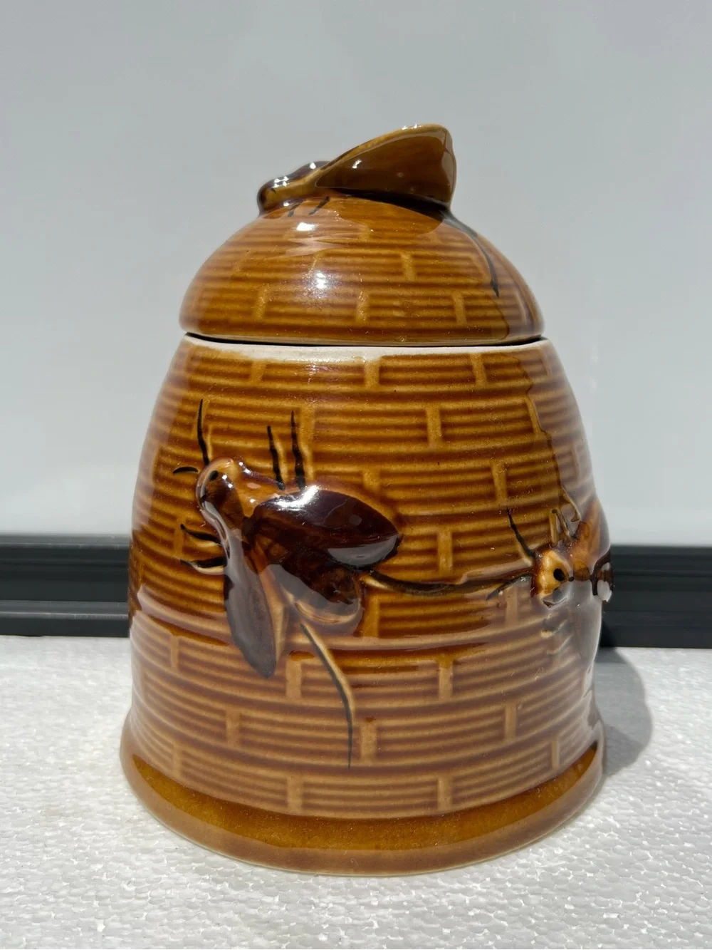 Vintage Bee Hive Honey Pot Jar Large Brown Ceramic with Lid Farmhouse Decor